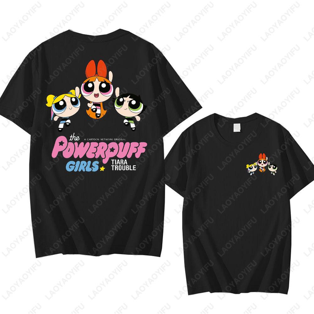 Аниме-футболка Powerpuff Girls Модная Каваи Женская одежда Круглый вырез Летняя Хлопковая Футболка с коротким рукавом Ретро Тренд Крутые Уличные Топы
