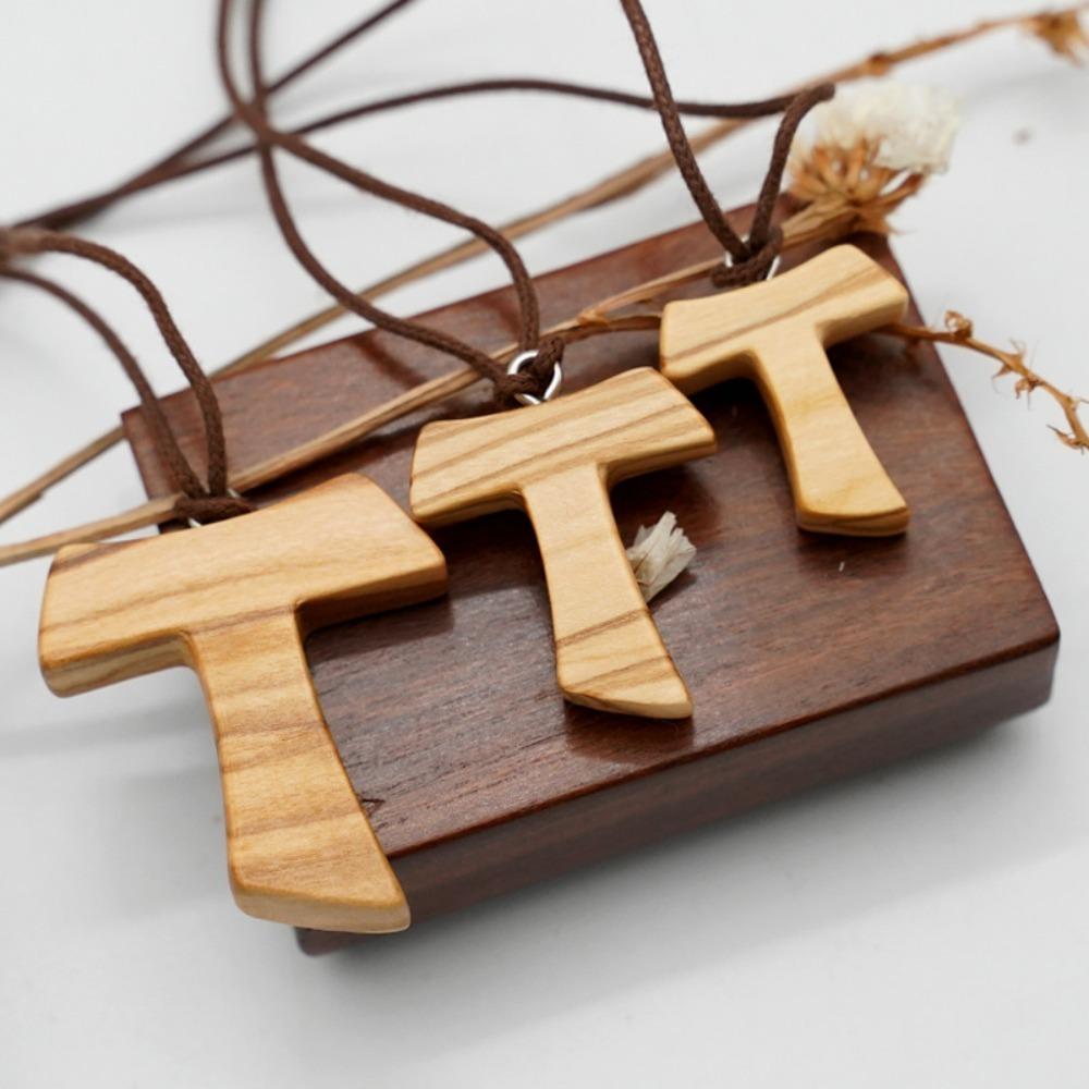 2.5/3/4CM Olive Wood Tau Cross Pendant Necklace, St. Francis Assisi Peace Communion with Franciscan 3 Knots