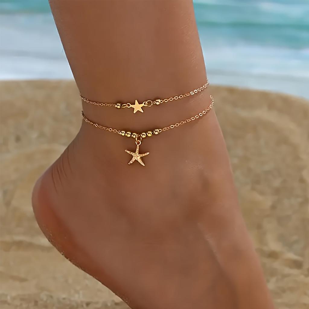 Изысканный кулон в виде морской звезды с шариками, двухслойная цепочка на щиколотку, элегантная О-образная цепочка для ноги, женский летний пляжный браслет на ногу с цирконом