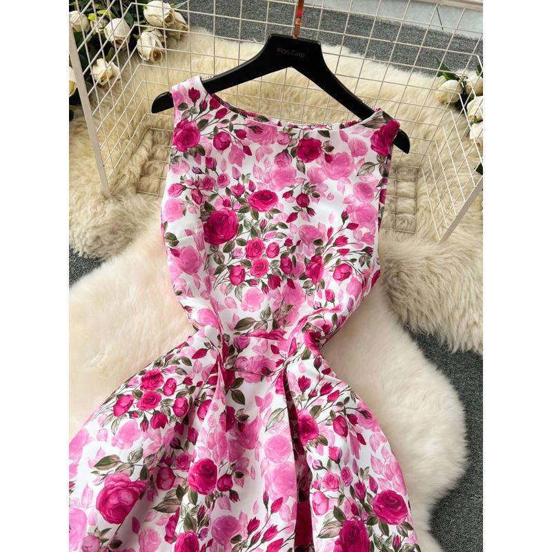 Court Style Dress Women's 2024 New Arrival Retro Print Silm Mid Length Long Length Large Swing Sleeveless Vest Dress Women's Dress