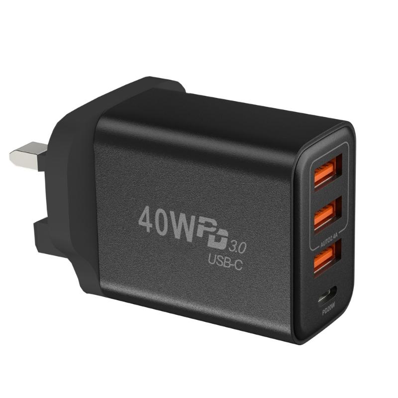 Быстрое зарядное устройство на 4 устройства: 3 порта USB-A, 1 порт USB-C, выходная мощность 40 Вт для телефонов, планшетов, ноутбуков