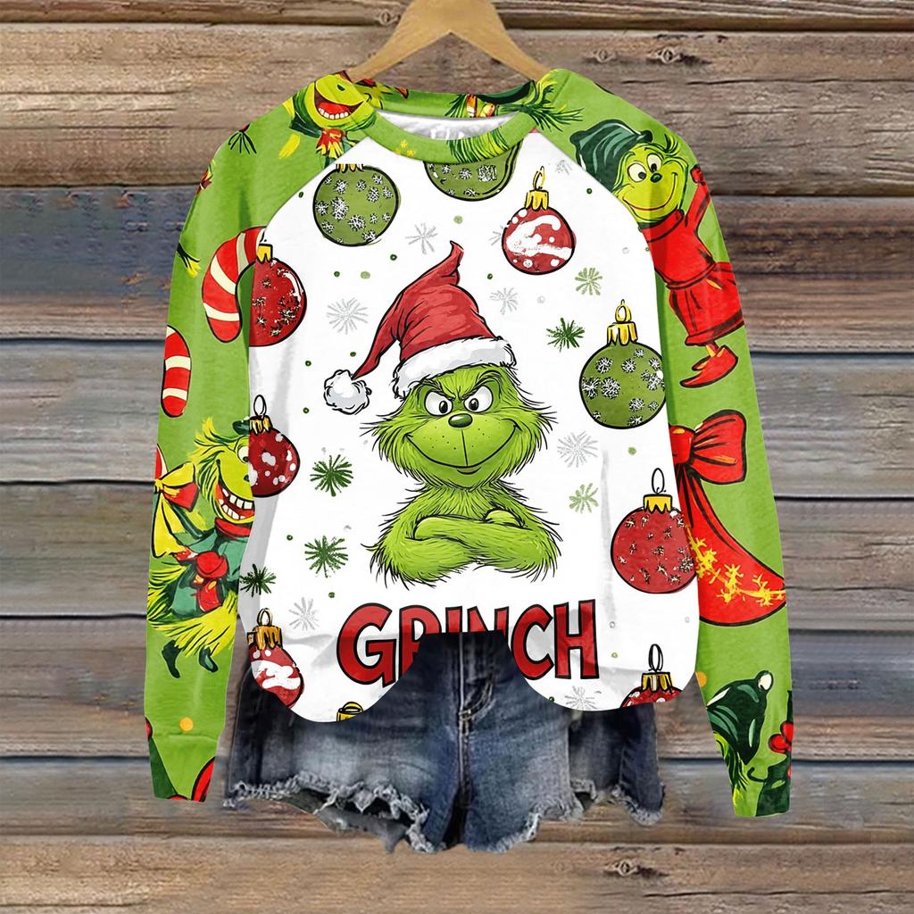 Women's Fashion Casual Long Sleeve Christmas Print Raglan Round Neck Sweatshirt Top