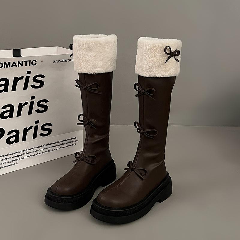 Autumn Winter Short Plush Woman Knee High Boot Fashion Butterfly-knot Knight Long Booties Botas Feminino