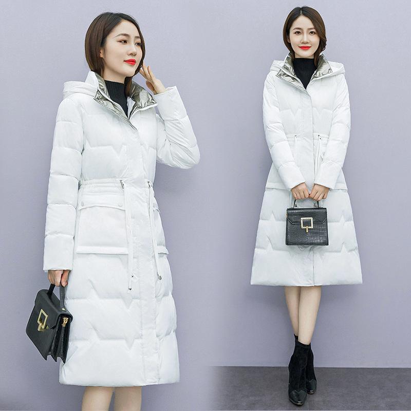 Осенне-зимнее женское однотонное яркое утолщенное теплое пальто средней длины с капюшоном на талии и шнурком