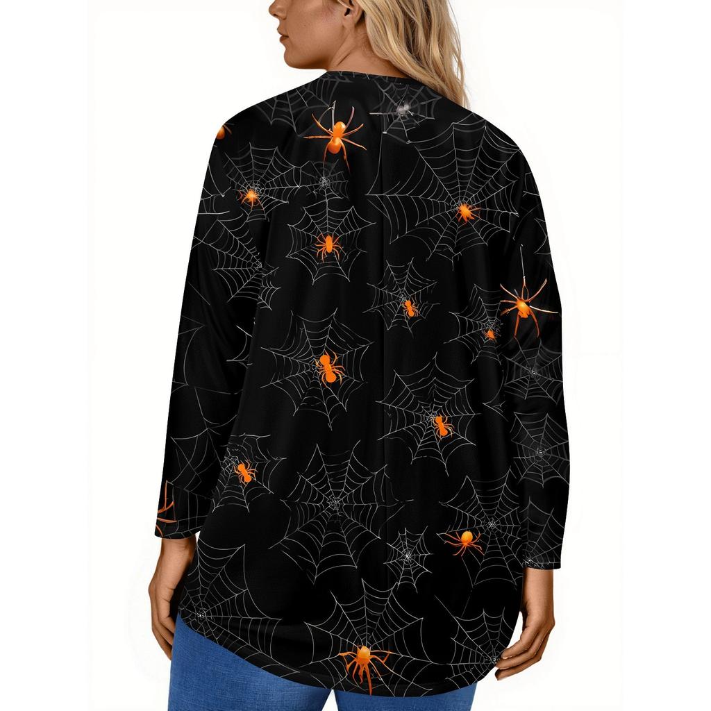 Женская мода Большой размер Круглый вырез Длинный рукав Повседневный Пуловер Топ с принтом на Хэллоуин Свободного кроя