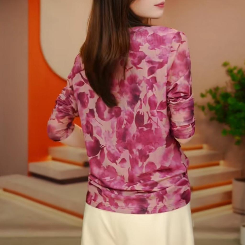 Mesh Base Shirt for Women In Autumn, Fashionable, Age-reducing Thin Slim Printed Tops Long-sleeved T-shirt