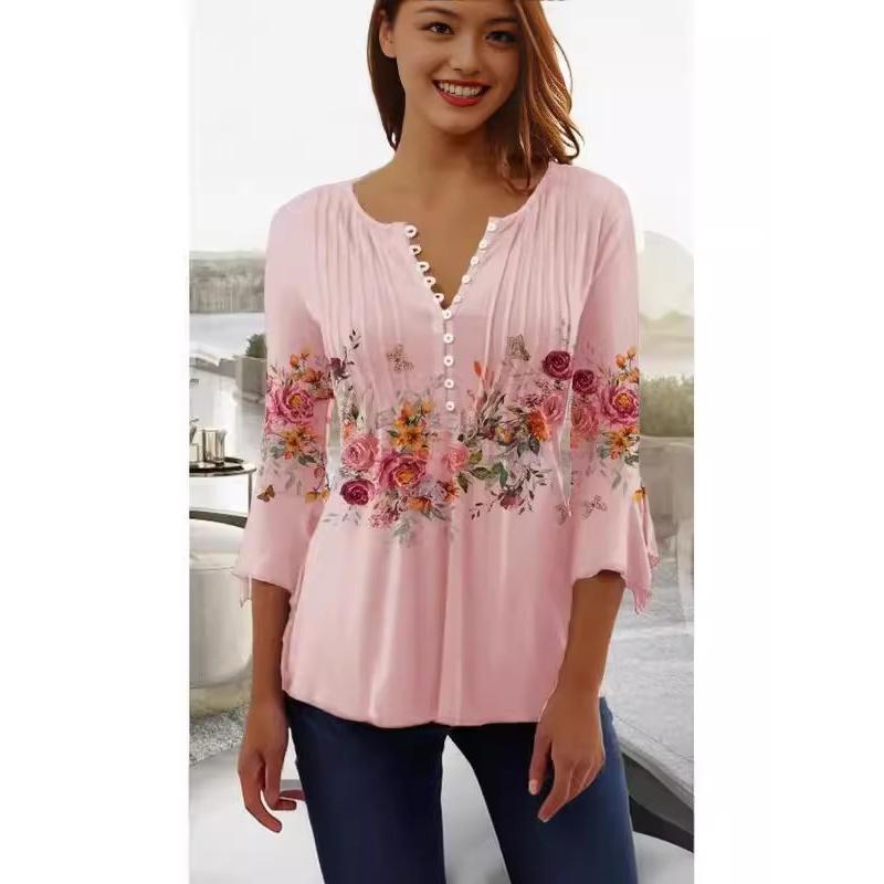 Весенне-летняя мода Новая женская футболка с цветочным принтом, V-образным вырезом, коротким рукавом, плиссировкой и пуговицами, базовая