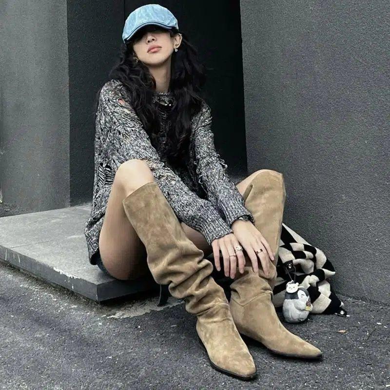 Рыцарские сапоги женские толстый каблук весенне-осенние ковбойские сапоги средний каблук высокое голенище тонкие ретро тонкие плиссированные сапоги-чулки