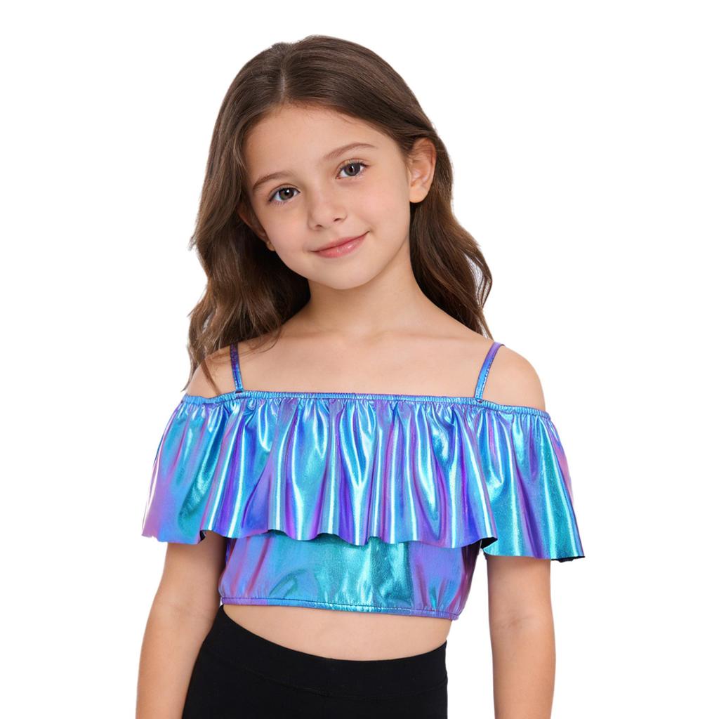 Girls Off Shoulder Metallic Dance Top Spaghetti Straps Ruffles Crop Top Stage Performance