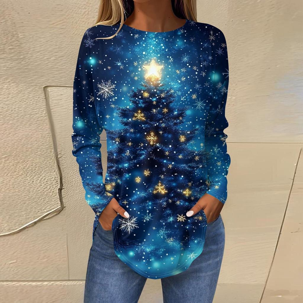 Ladies' Loose Round Neck Retro Pattern Printed Long Sleeved T-shirt Top Pullover For Christmas