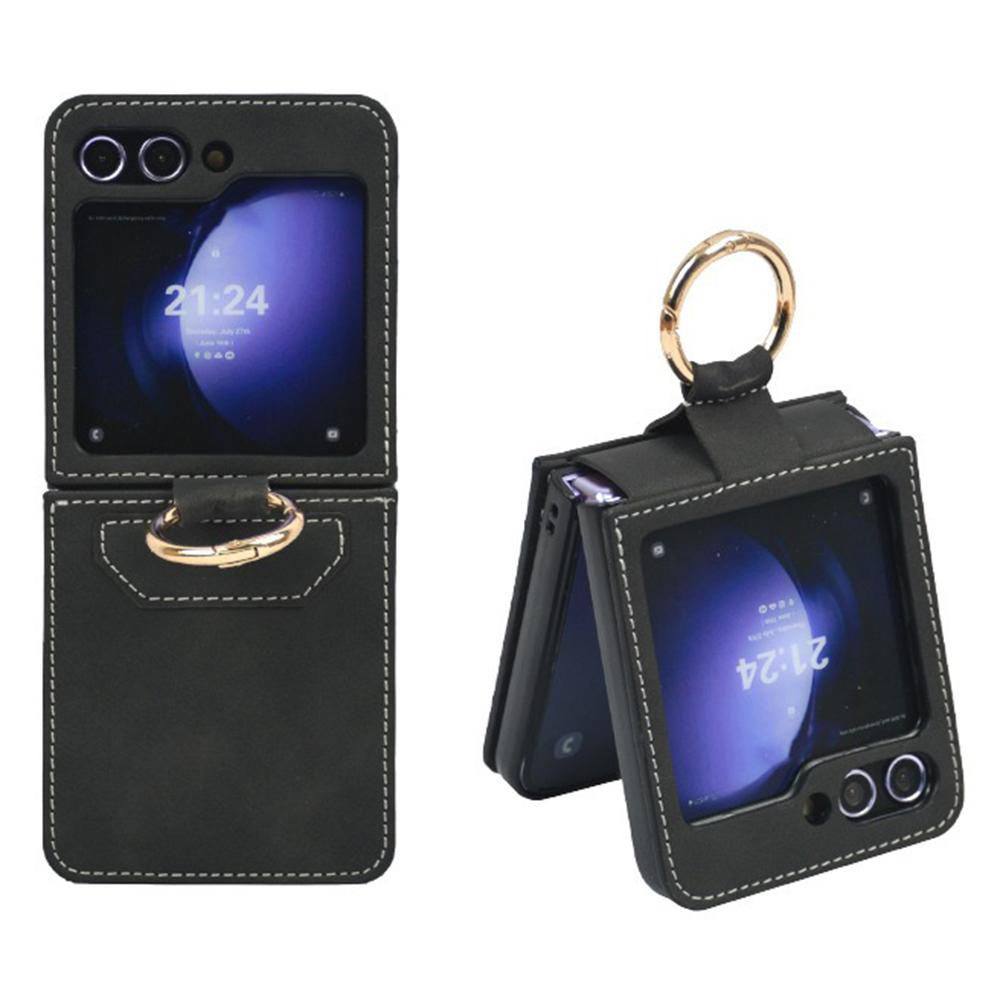 For Samsung Galaxy Z Flip5 5G Case Leather Coated PC Phone Cover with Ring Kickstand