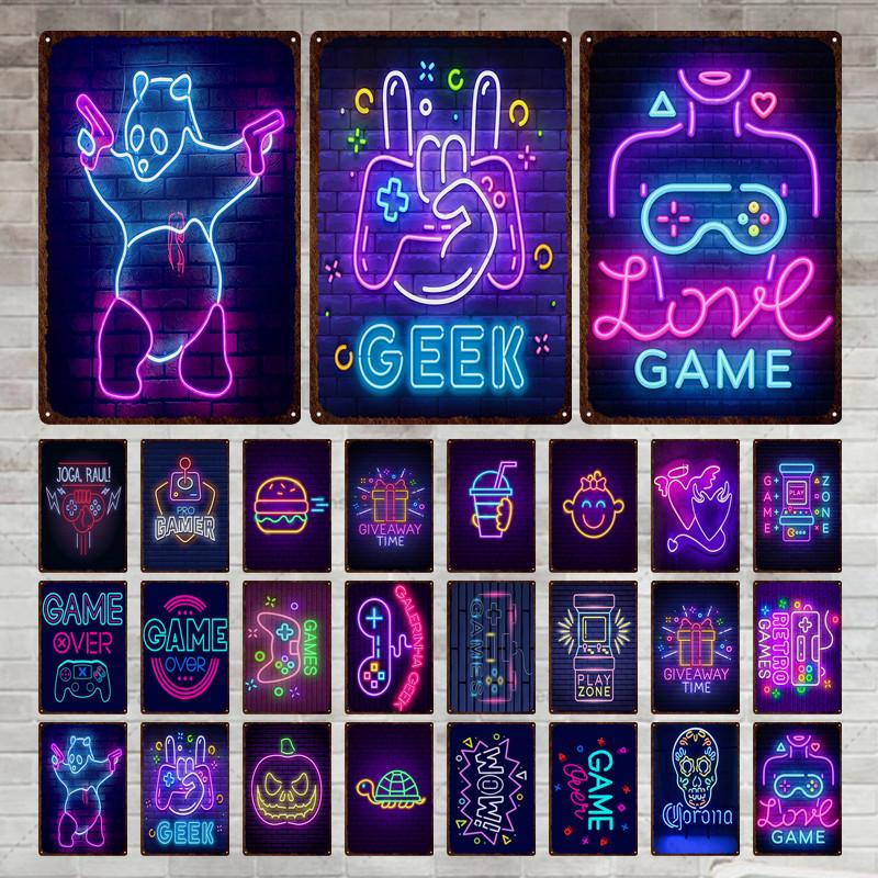Неоновая игровая вывеска, металлическая вывеска, винтажная жестяная вывеска, металлический винтажный бар, винтажное украшение стены, металлический постер с клубной дыркой