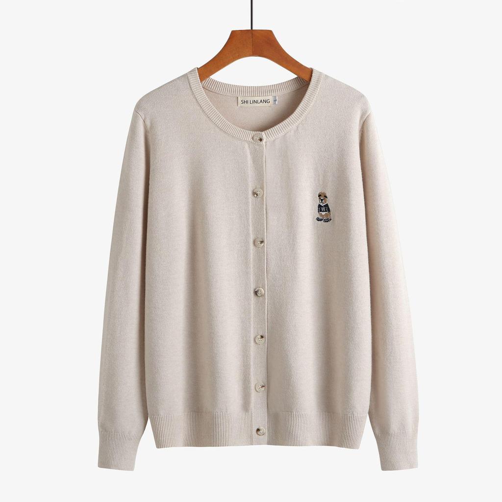 Plus Size Women's Bear Embroidery Knit Cardigan - Autumn/Winter 2026 Round Neck Thick Sweater Coat (220 Jin)