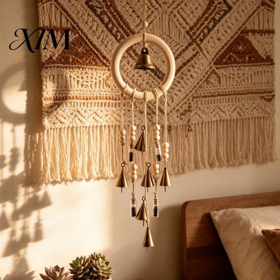 Artistic Door Decor with Bells Vintage Metal Wind Chimes And Wishing Bottle, Rustic Witch Natural Log Beads Hanging Ornament Wood Ring, Bohemian Style