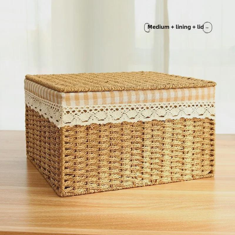 «Маленький плетеный соломенный ящик для хранения с крышкой для рабочего стола в спальне»