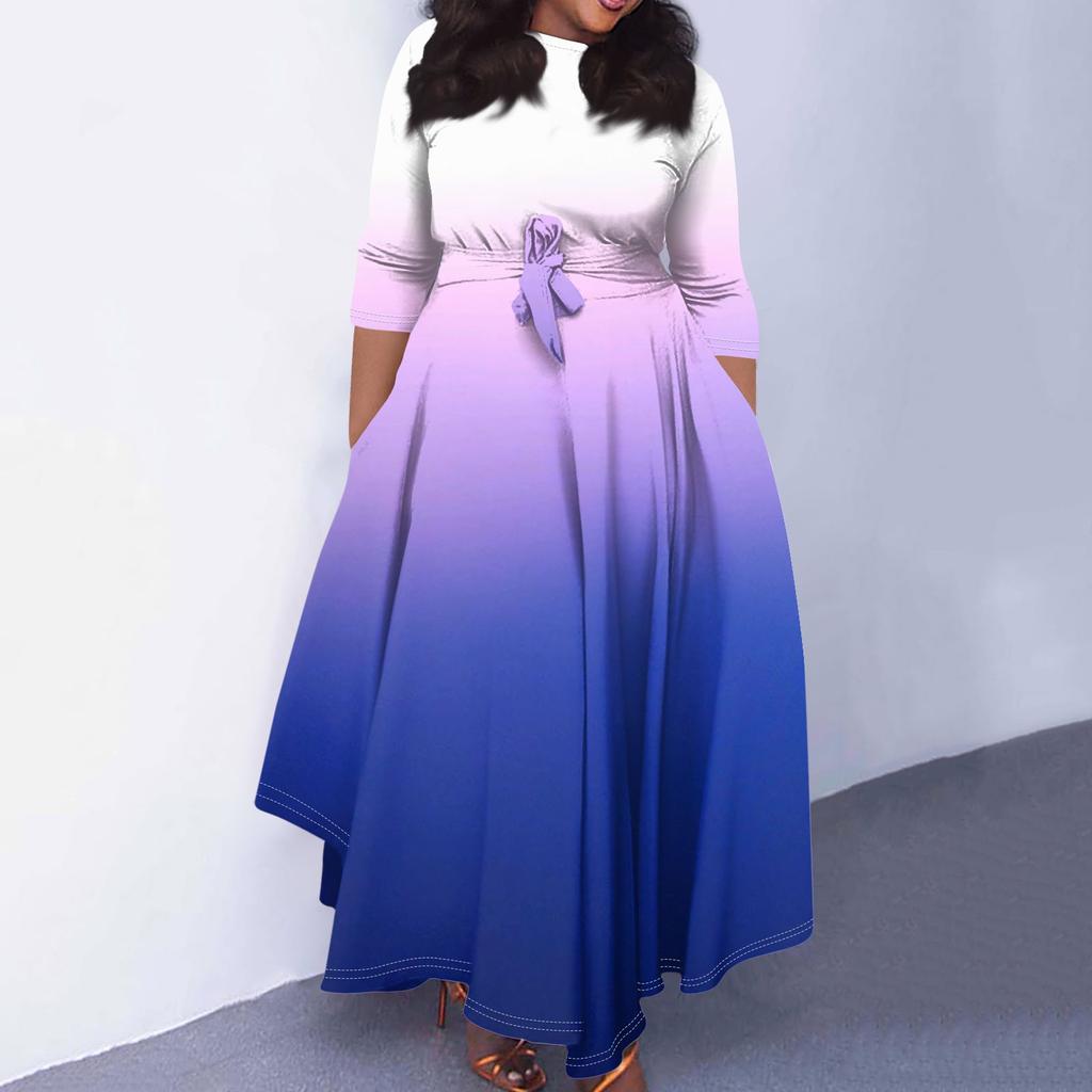 Women's Casual Fashion Large Size Gradient Printing Round Neck Three-quarter Sleeve Pocket Straps Swing Dress