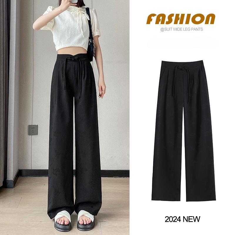 Широкие брюки с пластинчатыми пуговицами для женщин, весенние и летние жаккардовые атласные прямые брюки в национальном стиле с высокой талией, повседневные драпированные брюки