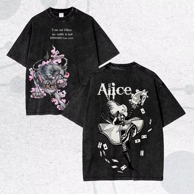 Alice Madness Returns Выстиранная футболка для пар Плюс размер Унисекс Одежда с индивидуальностью Одежда на весь год Повседневная одежда Крутая футболка