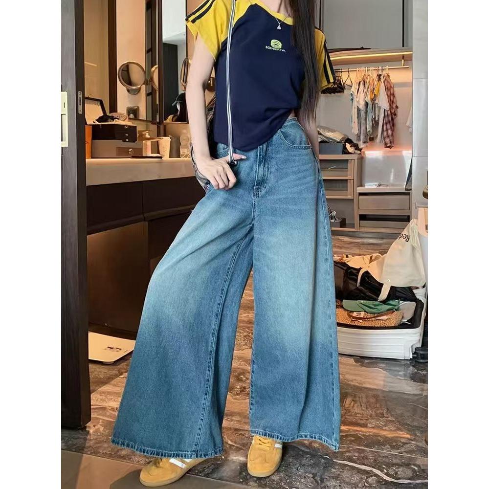 Casual Washed Denim Wide Leg Pants for Women High Waist Loose Vintage Pockets Jeans Female Trousers