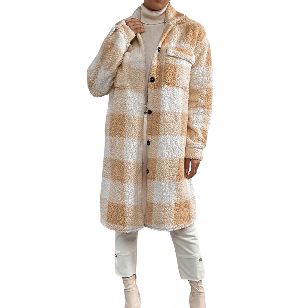 Women's Casual Coat Winter Overcoat Jacket Plaid Print Drop Shoulder Teddy Coat