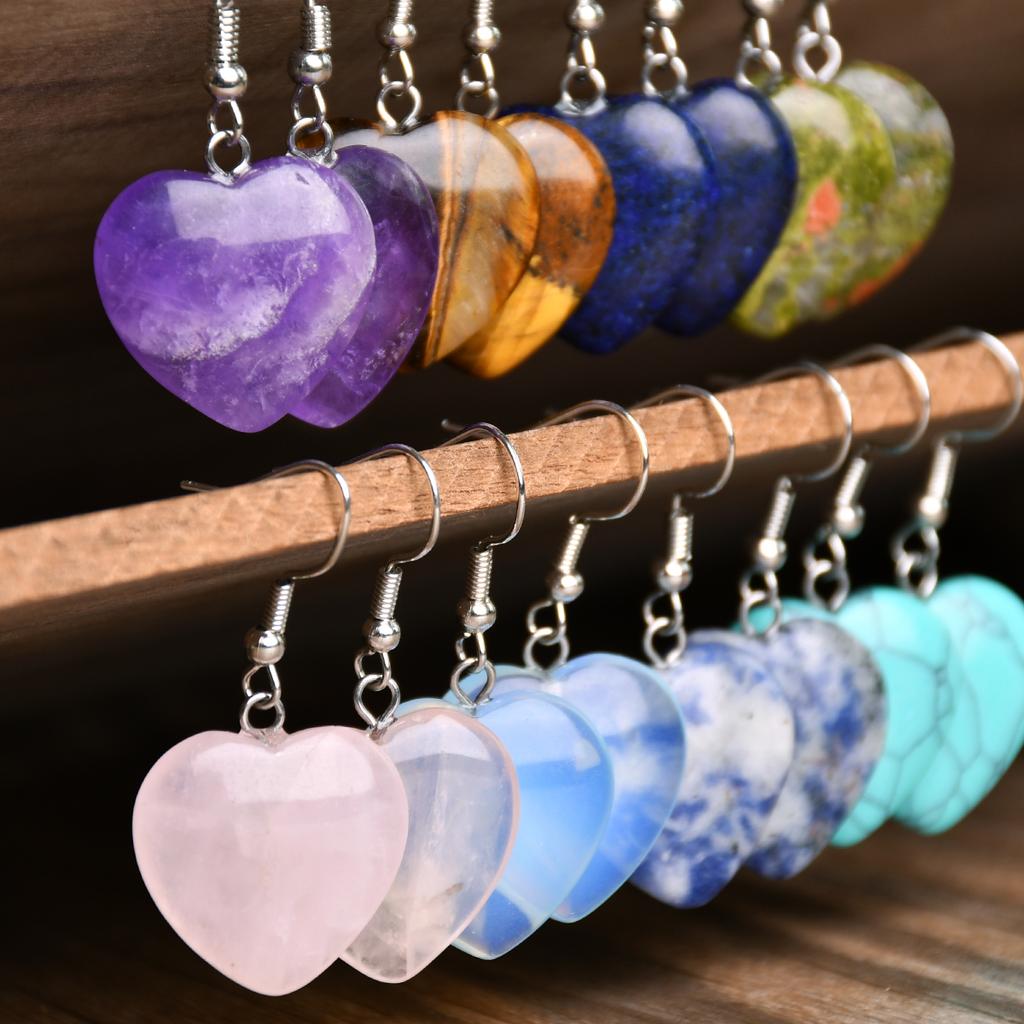 Bohemian Natural StoneTurquoise Amethyst Tiger Eye Heart Dangle Earrings Women's Popular Delicate Handmade Zircon