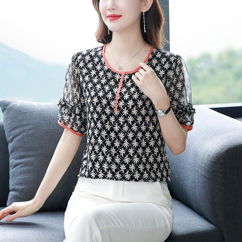 Новая шифоновая рубашка с цветочным принтом, женская рубашка с короткими рукавами и круглым воротником, свободный повседневный топ, женская одежда, женские Blusas