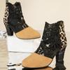 Leopard Print Color Blocked High Heels for Women with Mesh and Back Zipper, Thick Heels and Round Toe for Women