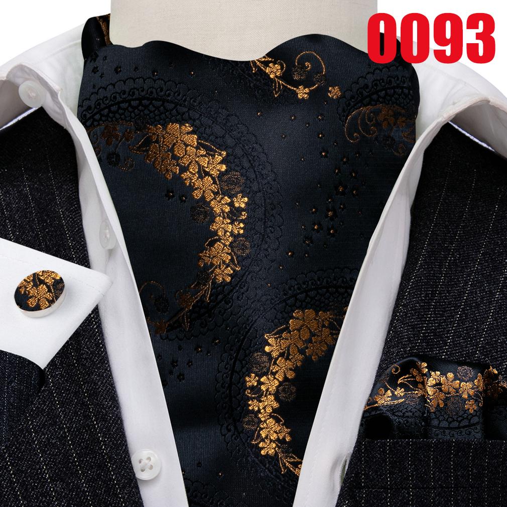 Barry.Wang Ascot Tie for Men Black&Gold Woven Silk Paisley Floral Cravat Pocket Square Cufflinks Set