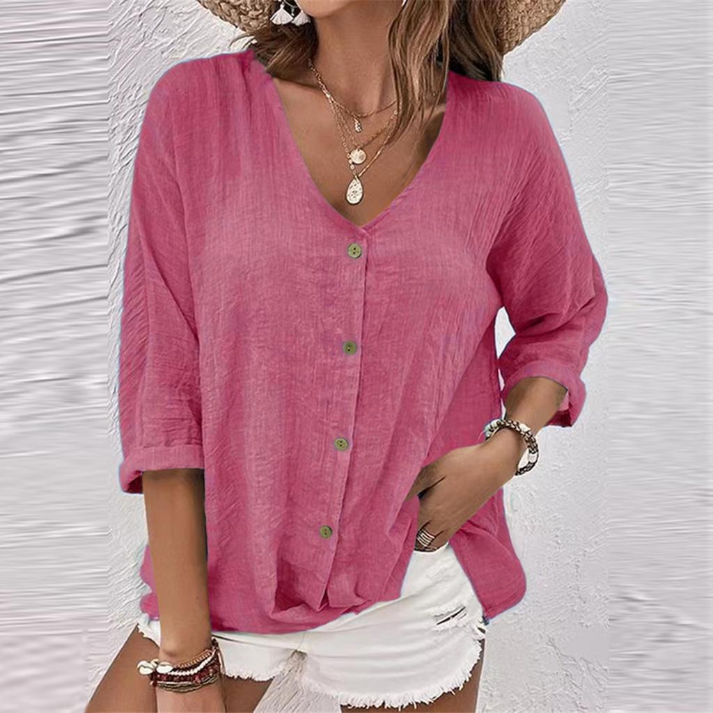 Women's Fashion Casual Solid Color V-Neck Chest Button Seven Sleeve T-Shirt Top