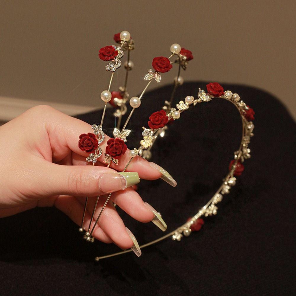 French Red Rhinestone Female Hair Accessories Pearl Hair Hoop Korean Style Headwear Rose Headband