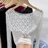 Женская сексуальная кружевная блузка с круглым вырезом, слегка прозрачная, с длинным рукавом, цветочная, свободная, новая, сексуальная, прилегающего силуэта, нижний слой, топы, милые, просвечивающие футболки