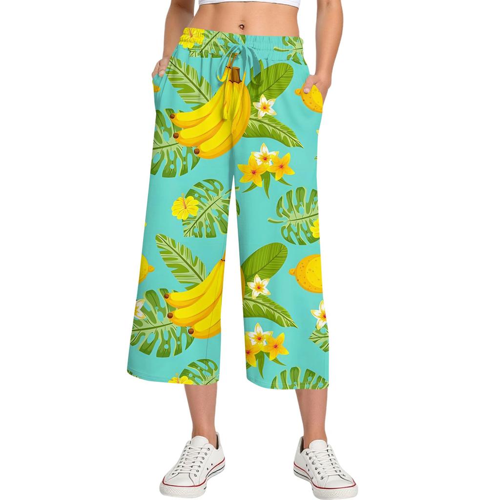 Женские летние повседневные спортивные брюки с высокой талией и принтом, укороченные брюки свободного покроя