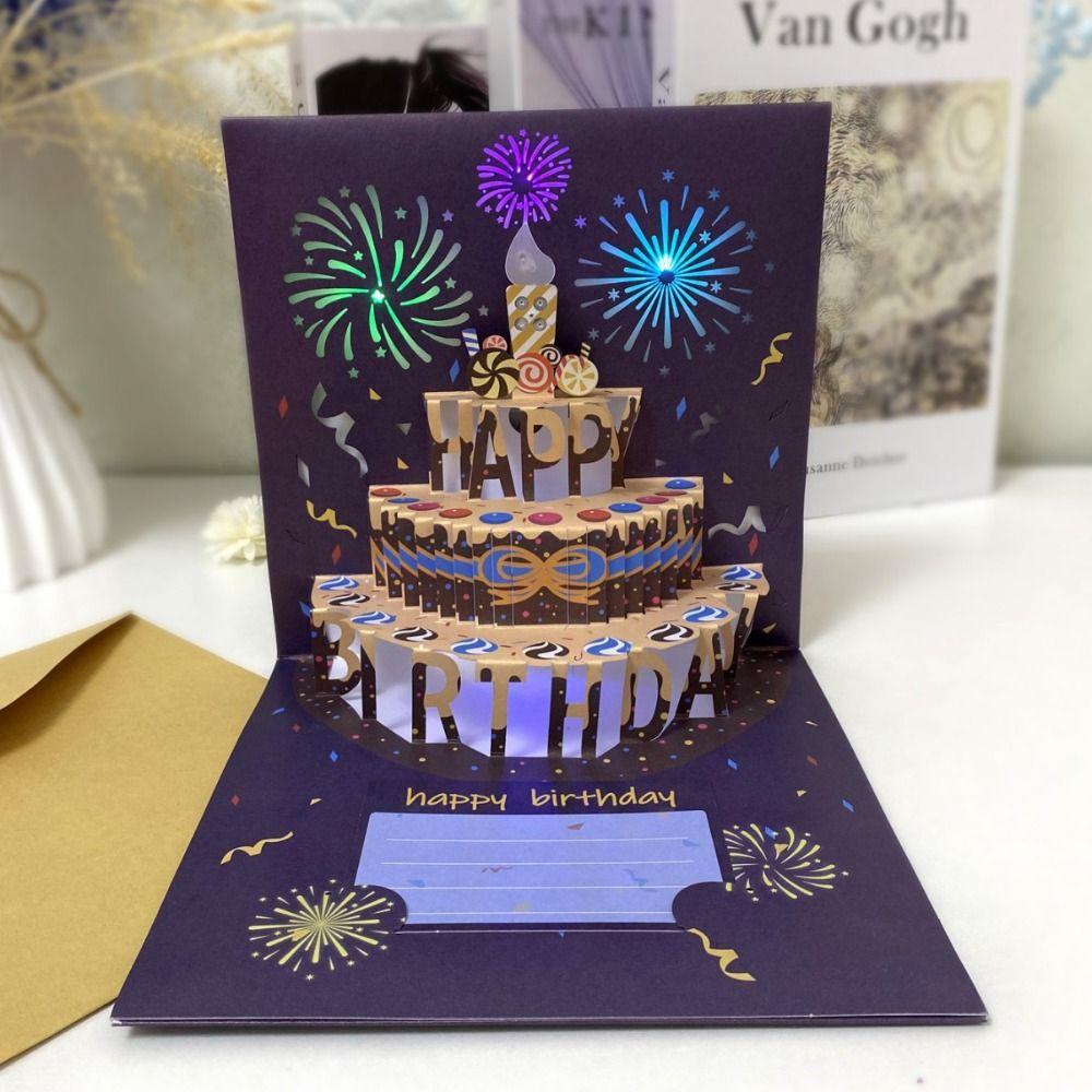 С музыкальным светом 3D поздравительные открытки на день рождения торт горячее тиснение открытка складная открытка