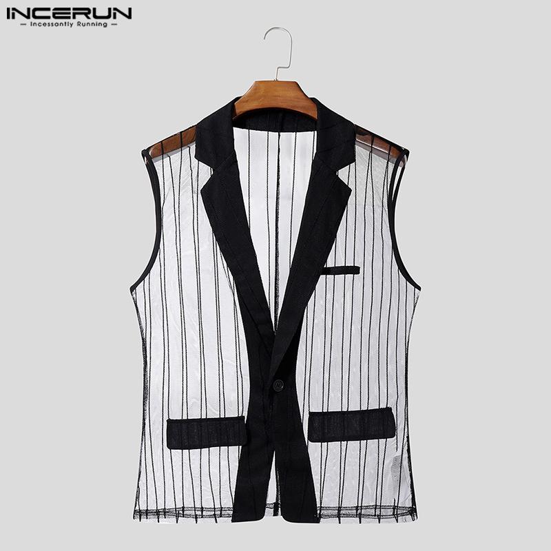INCERUN Men Lapel Neck Sleeveless See Through Mesh Transparent Striped Blazer Tops