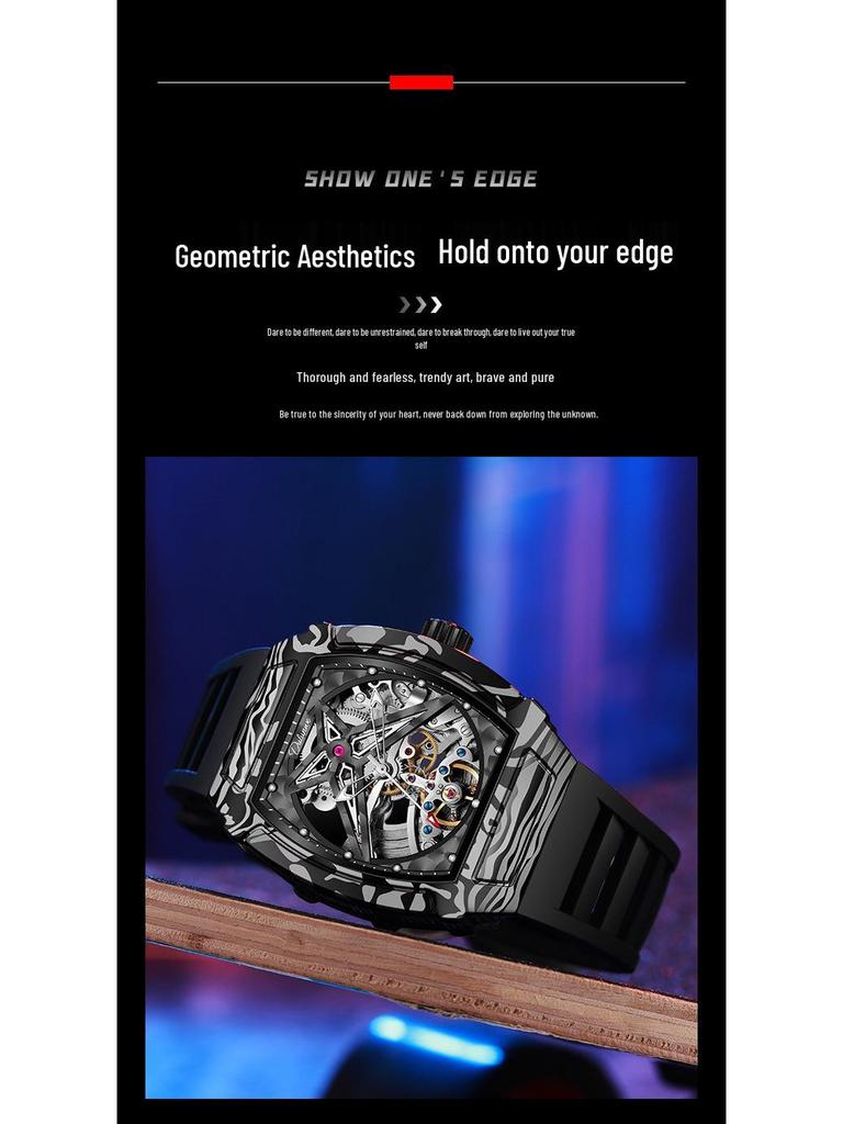 Водонепроницаемые мужские механические часы Durham Yao - Корпус из сплава бочкообразной формы с дизайном из углеродного волокна и скелетонизированным циферблатом