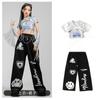 Girls Jazz Dance Outfit Short Sleeve Crop Top Reflective Print Pants Set Stage Performance Street Show