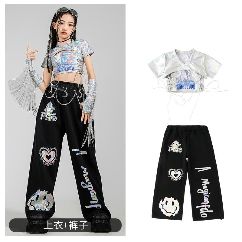 Girls Jazz Dance Outfit Short Sleeve Crop Top Reflective Print Pants Set Stage Performance Street Show