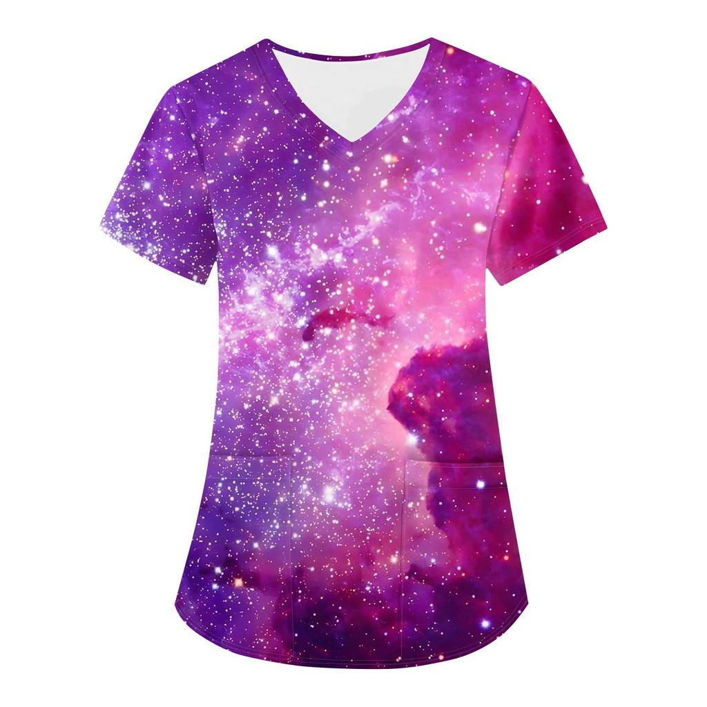 Женская модная астральная принтованная футболка с коротким рукавом и V-образным вырезом с маленьким карманом