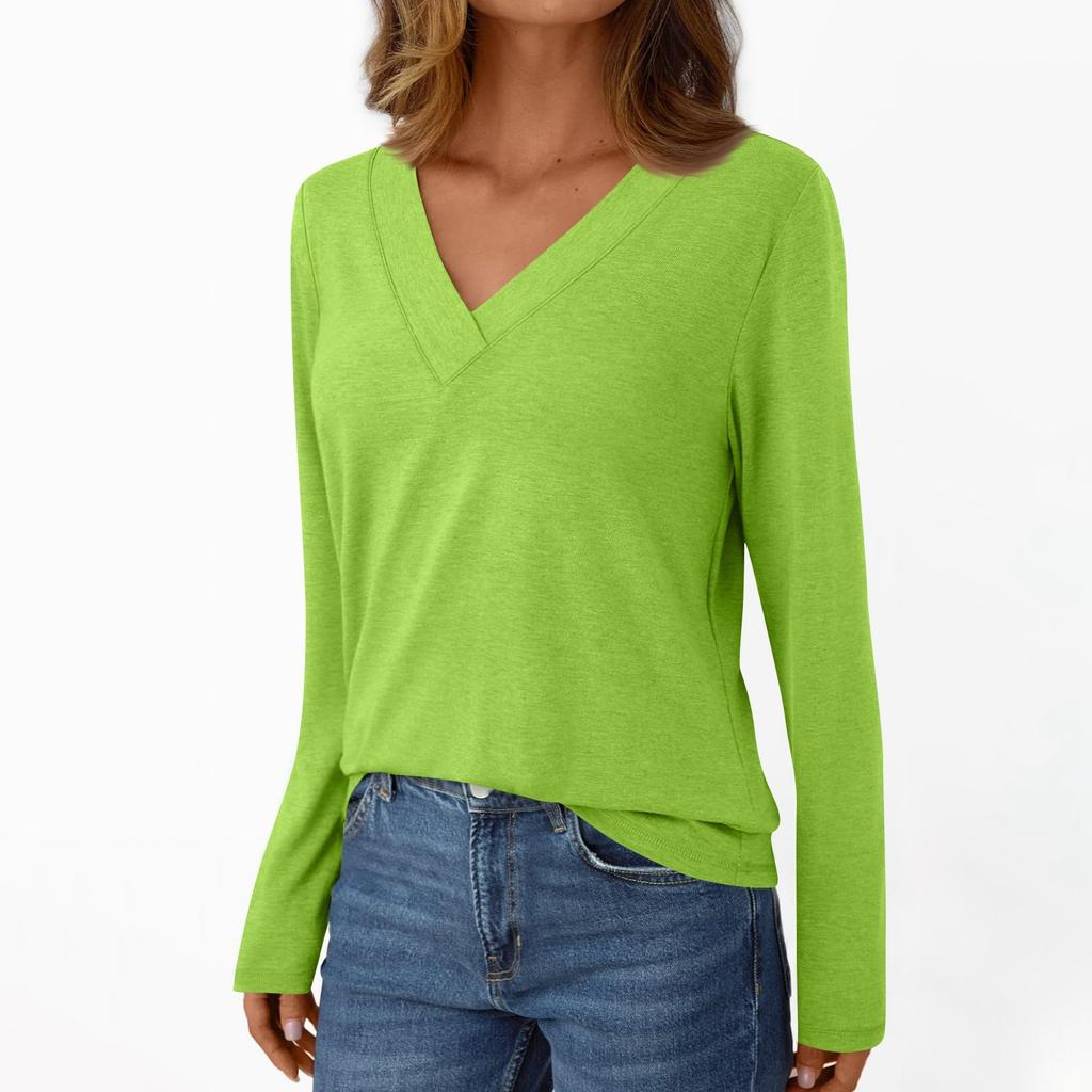 Женская повседневная модная футболка с длинными рукавами и V-образным вырезом, однотонная, с начесом