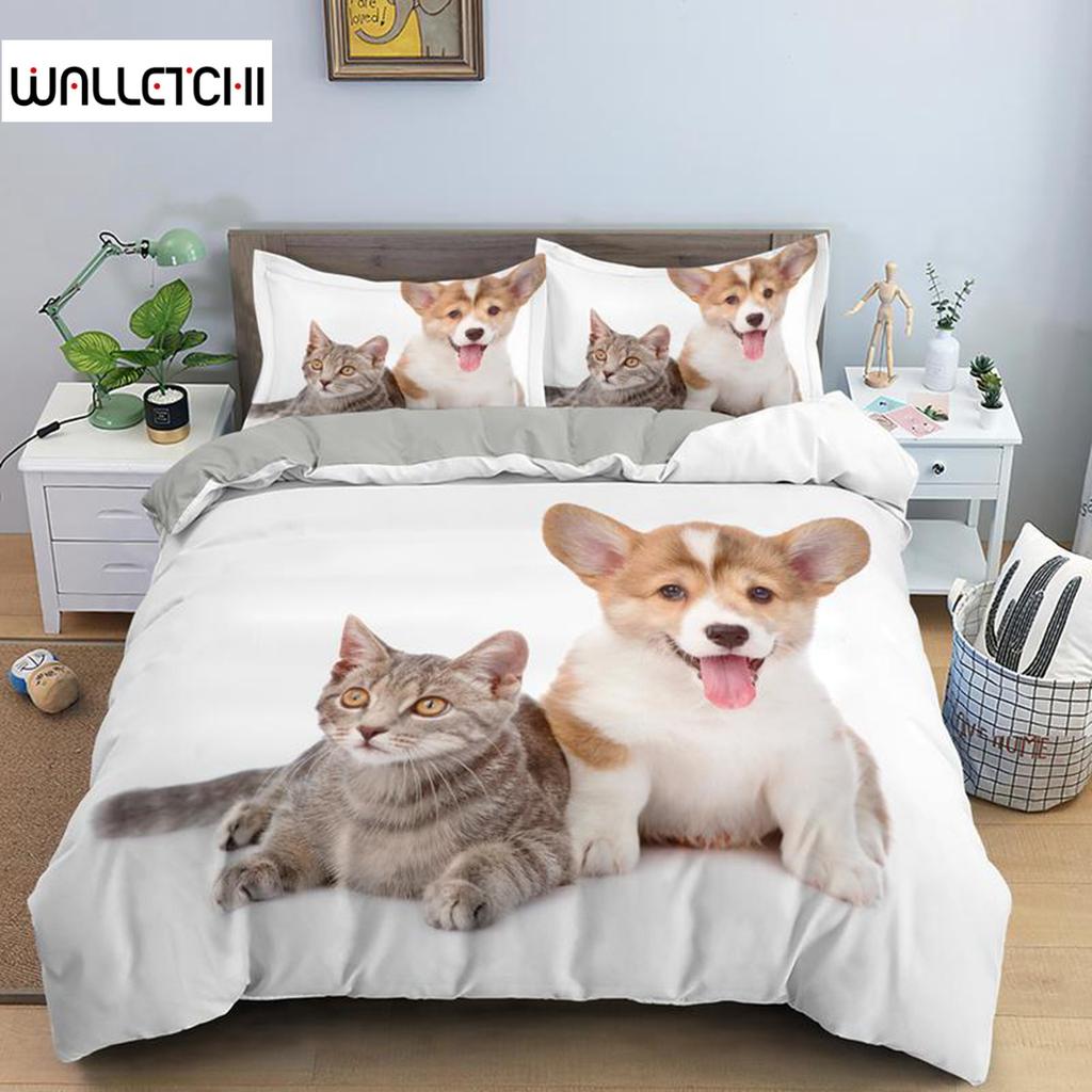 Пододеяльник и наволочки для кровати собаки и кошки Размер Queen Size Тема Животные Размер Twin Size Комплект постельного белья для сна для детей Мальчиков Девочек Уютная Микрофибра 3D Дизайн Щенок