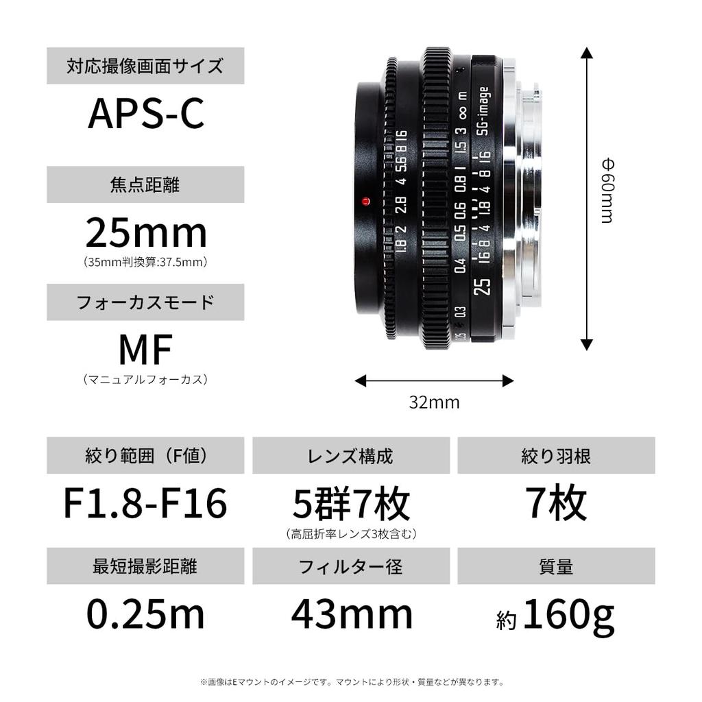 25 мм Совместимый с Micro Four Thirds Ручная фокусировка Блинный Однолинзовый для Легкого Металлического Черного SG-image F1.8 (MFT) Объектив, Фокус, Снимки, Корпус, (2-летний
