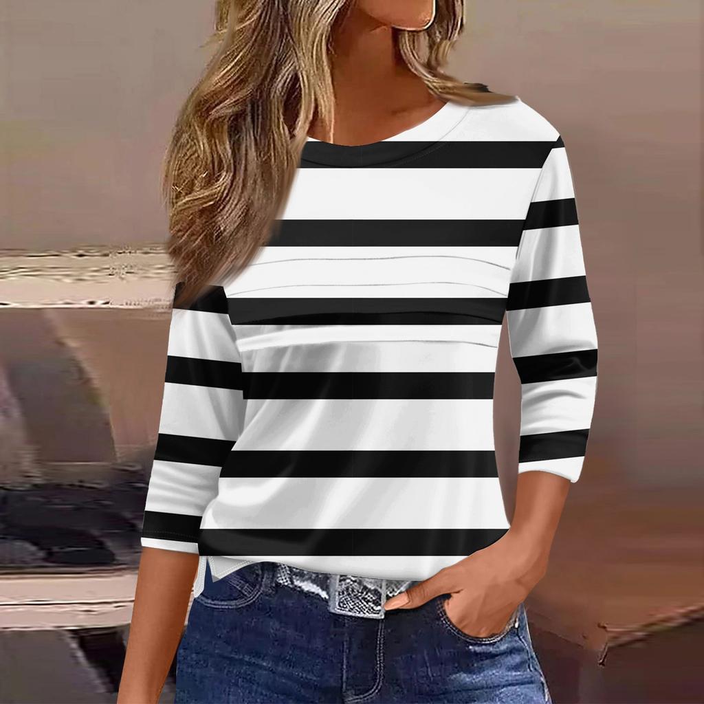 Женская мода повседневный свободный топ с рукавом 3/4 в полоску с круглым вырезом