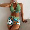 Women's Paneled Printed Swimsuit Ladies Split Boxer High Waist Swimsuit Two-Piece Set