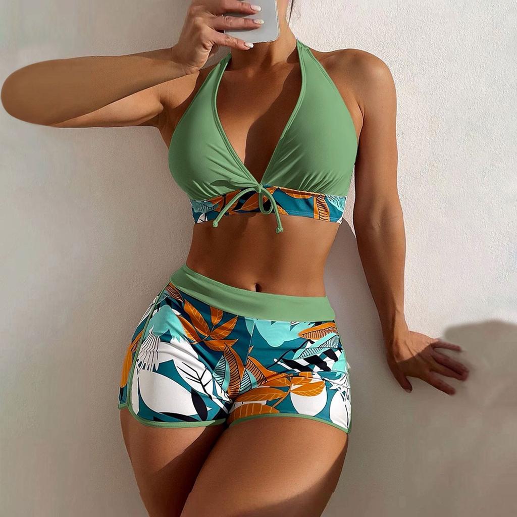 Women's Paneled Printed Swimsuit Ladies Split Boxer High Waist Swimsuit Two-Piece Set