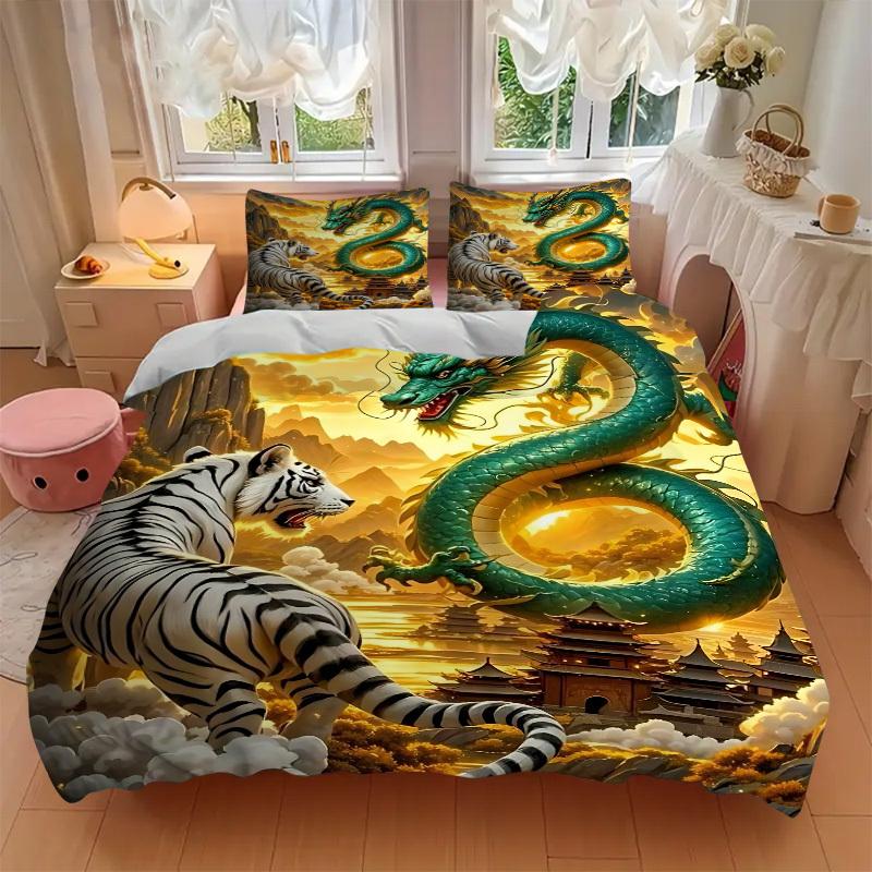 3PCs Dragon, Tiger Design Cover Set, Breathable Fabric, Machine Washable (1 Duvet Cover + 2 Pillowcases) (Without Quilt) yy250911143