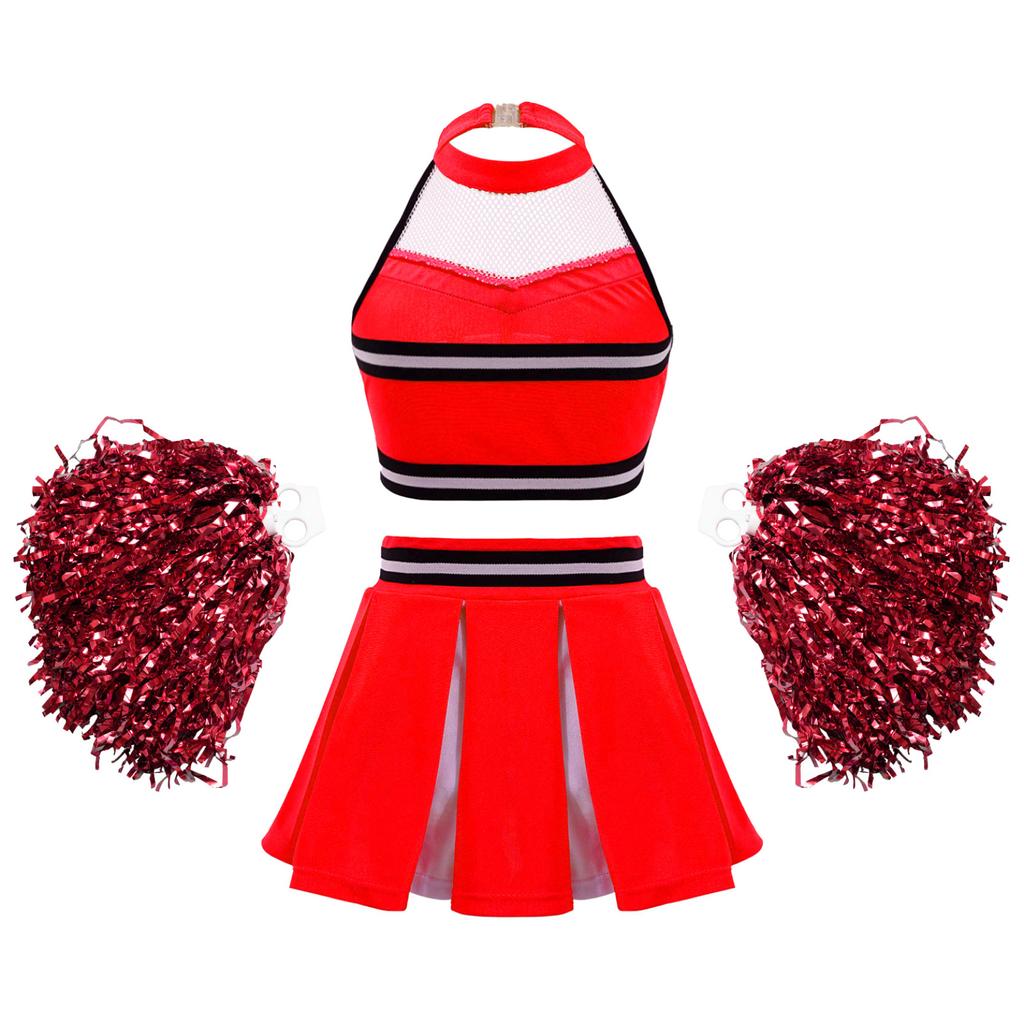 School Girls Costume Cheerleading Uniform Crop Vest Tops Pleated Skirt for Student Cosplay Party