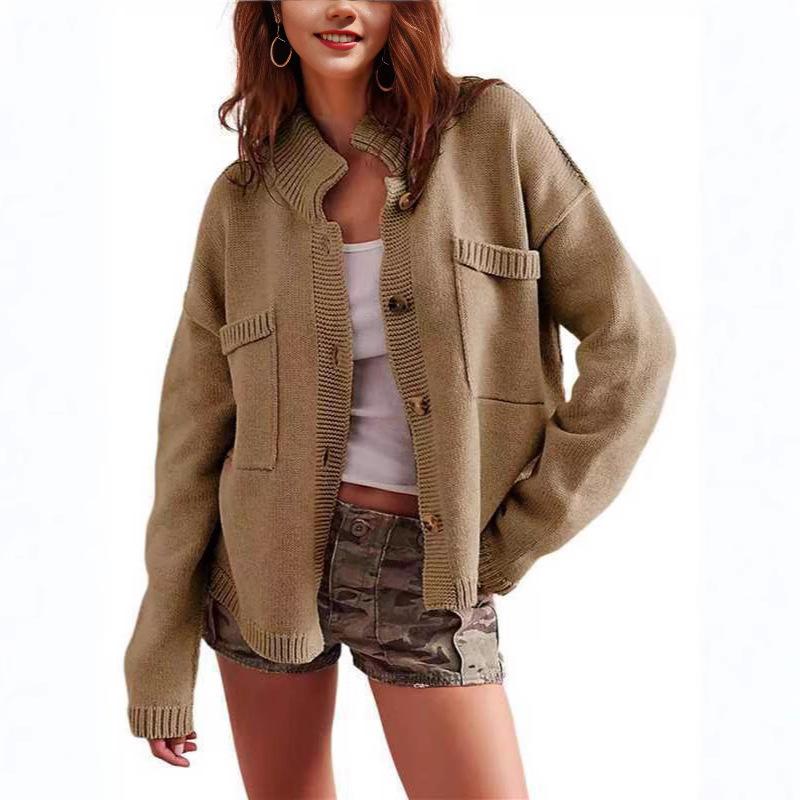 New autumn and winter independent station express sales hot sale knitted jacket stand-up collar solid color cardigan sweater women's clothing