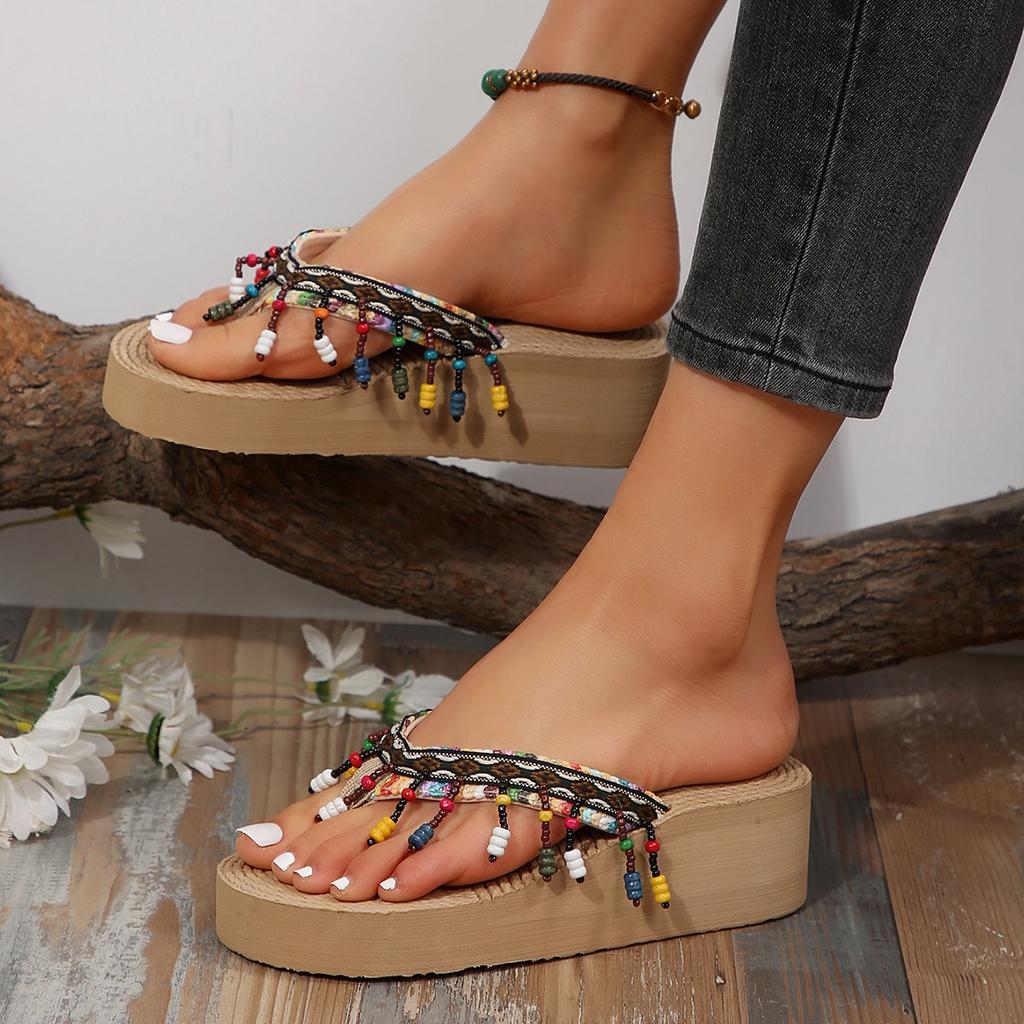 Fashion Ladies Summer Fashion Weave Women Beach Flip-Flops Non-Slip Flat Ladies Outdoor Soft Slippers Women's Simple Flip-Flop Slides