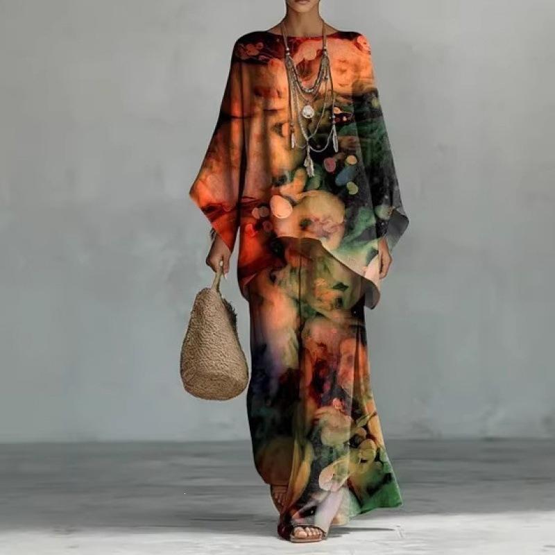 16 European and American artistic sense abstract graffiti casual suit round neck bat sleeve top + wide leg pants loose two-piece set