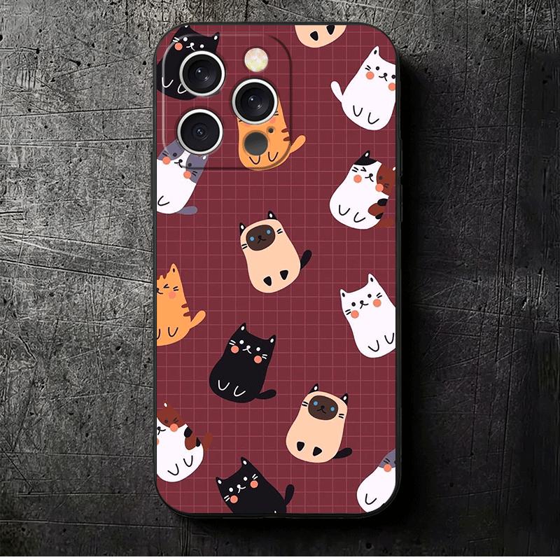Мультяшные Милые Кошки Тема Мягкий Чехол для Телефона для iPhone 16 16E 17 Air 15 Pro Max 14 Plus 13 Mini 11 12 7 Черный Чехол Задняя Панель